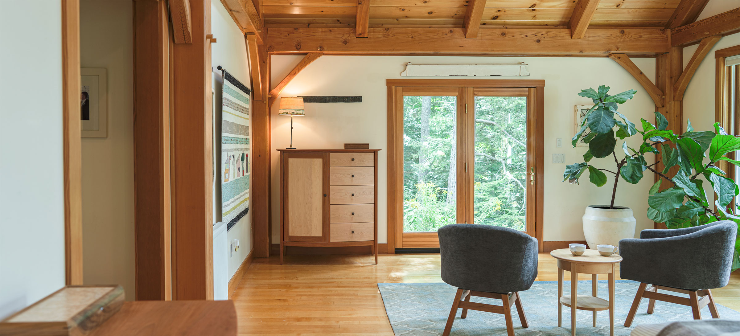 beautiful pompy bedroom in post and beam house