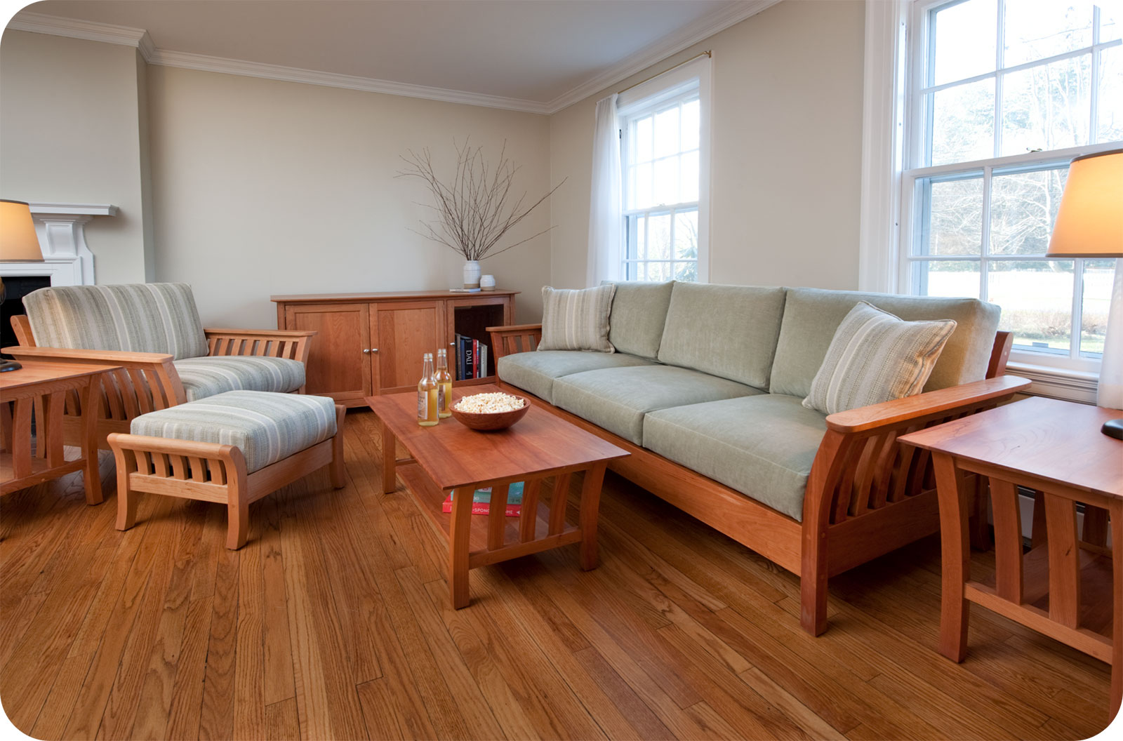 wood framed living room set in cherry